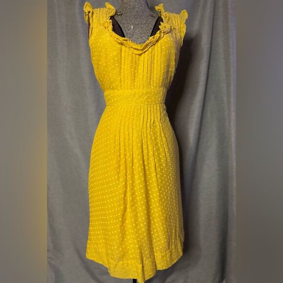 Anthropologie's Moulinette Soeurs Golden Ruffle Dress. Textured Dot Size 10 - Picture 2 of 15